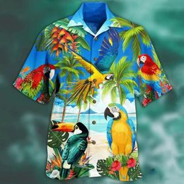 Mens Casual Shirts Parrot 3d Print Men Fashion Hawaiian Shirt Beach Blouses Short Sleeve Blouse Vocation Lapel Boy 240415