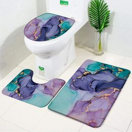 Bath Mats Marble Bathroom Rug Set Teal Purple Grey 3D Printed Gold Texture Flannel Non-slip Mat Doormat Toilet Cover Decor