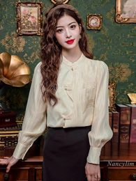 Women's Blouses 2024 Early Spring Embroidery Apricot Blouse For Women Chinese Style Female Clothing Stand Collar Button Top Chiffon Shirt