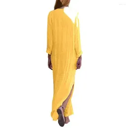 Casual Dresses Women Maxi Dress Bohemian With Side Split V Neck Ethnic Style Long Sleeve Ankle Length For Loose Fit