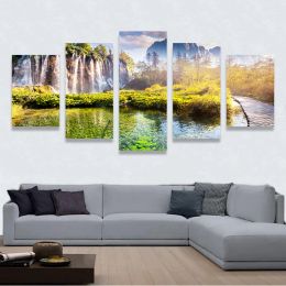 5 Pieces Waterfall View Landscape Pictures Canvas Painting Wall Art Nature Lake Forest Poster and Prints for Living Room Decor