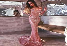 Rose Gold Sequined Mermaid Prom Dresses Off The Shoulder Sexy Long Sleeves Evening Dress Long Zipper Back Custom made Cocktail par7357431