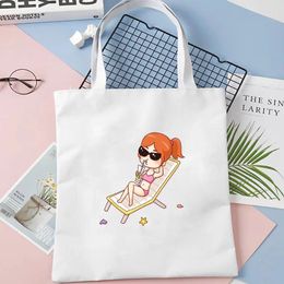 Shopping Bags Summer Beach Bag For Women Canvas Shopper White Graphic Print Lady Shoulder Girl Gift