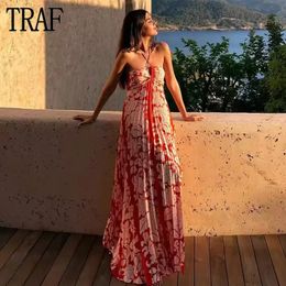 TRAF Pleated Slip Dress Woman Off Shoulder Long Dresses for Women Sexy Backless Maxi Dress Women Print Beach Summer Dresses 240328