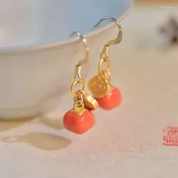 Dangle Earrings Ancient Gold Craft Ethnic Style Classic Red Earings South Tourmaline Ruyi Persimmon For Women Vintage Jewellery