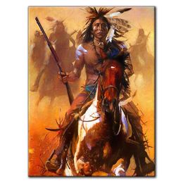 Native Indian Warrior Chief Riding Horse Retro American Wall Art Canvas Prints Vintage Posters Classical Paintings Wall Pictures for Living Room Home Decor