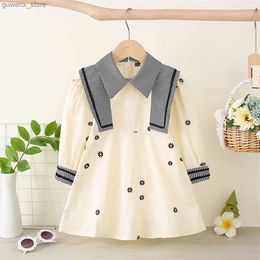 Girl's Dresses College Style Girls Dress Long Sleeved Lapel Embroidery Wide Shoulder Spring And Autumn Solid Color Casual Skirt Y240415Y240417PHTC