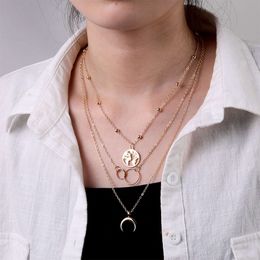 Metal Chain Multi-layer Necklace, Personalised Crescent Moon Map Pendant, Neck Chain, Small Golden Ball Cross Necklace