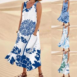 Casual Dresses Fashion Summer 2024 Women'S Crew B Neck Butterfly Print Cuffless Pocket Long Vest Dress Vestidos De Fiesta