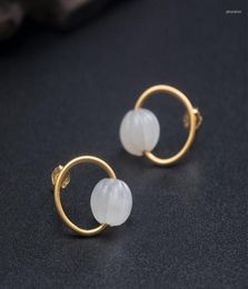 Hoop Earrings S925 Sterling Silver Simple Goldplated Hetian Jade Pumpkin Female Fashion Ins Cold Wind4991483