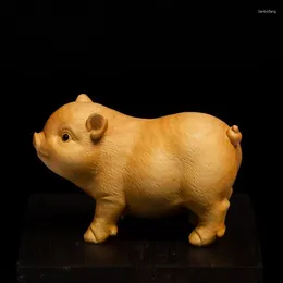Decorative Figurines 7CM Boxwood Lucky Pig Statue Crafts Feng Shui Cute Zodiac Sculpture Small Animal Ornaments Gift Home Decor