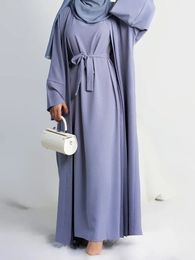 2 Piece Abaya Slip Sleeveless Hijab Dress Matching Muslim Sets Plain Open Abayas for Women Dubai Turkey African Islamic Clothing 240410