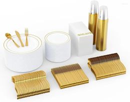 Disposable Dinnerware 700 Count Gold Set-200 Plastic Plates- 300 Silverware-100 Cups-100 Hand Towel