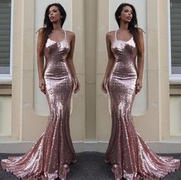 Rose Gold Mermaid Evening Dresses 2020 Sexy Halter Sequins Long Prom Dresses Formal Party Wear Cheap Robe de Soiree9802775