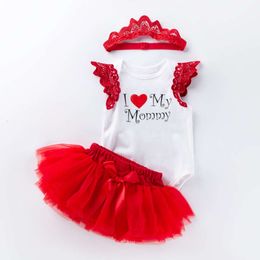 Annenin 2024 Yeni Gün Hediye Bebek Giyim Karikatür I Love Mom Wings Tatlım Kırmızı Prenses Elbise Seti