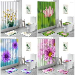 Shower Curtains Spring Flowers Curtain Pink Lotus White Daisy Bathroom Decoration Set Non-Slip Carpet Waterproof Bath With Hooks