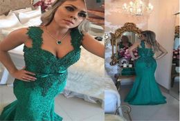 Designer Hunter Green Long Mermaid Evening Dresses Spaghetti Straps Pearls Arabic Lace Applique Dubai Formal Gowns Party Dress7230973