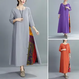 Casual Dresses Loose Fit Long Dress Stylish Retro Printed Maxi With Button Decor A-line Silhouette For Women Breathable Three Quarter