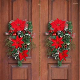 Decorative Flowers Christmas Wreath Door Hanging Red Flower Garland Pine Needle Ornament Rattan Navidad Windown Xmas Shop Mall Year