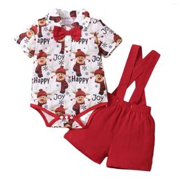 Clothing Sets Baby Boys Two-piece Clothes Set Christmas Printed Pattern Collared Romper And Red Solid Color Suspender Shorts