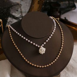 Wind Design Sense Queen Pearl Ball Pendant Necklace with Korean Personality Fashionable Gold Double Layer Collar Chain