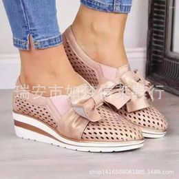 Fitness Shoes 2024 Hollow Semi-High Heeled Roman Set Foot Bow Slanted Heel Round Head Shallow Mouth Large Cross-Border Women's