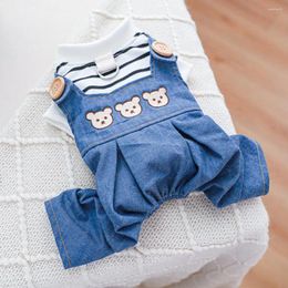 Dog Apparel Lovely Pet Overall Four-legged Cartoon Bear Pattern Cat Denim Jumpsuit Button Closure Soft Supplies