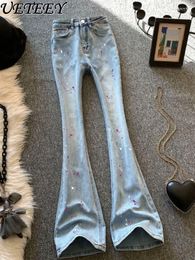Women's Jeans Splash-Ink Design Slightly Flared 2024 Spring Elastic Light-Colored Slim-Fit Mopping Horseshoe Denim Pants