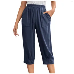 Women's Pants Work For Women Long Solid Colour Large Pocket Elastic Waist Cotton And Linen Loose Casual Teen