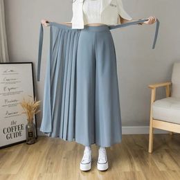 Summer Style Korean Women Big Hem Skirt Trousers Pleated Chiffon High Waist Pants Hakama Casual Wide Leg Pantalones 240402