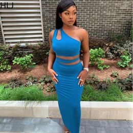 Work Dresses HLJ Fashion Solid Hollow Out Bodycon Two Piece Sets Women One Shoulder Sleeveless Crop Top And Skinny Skirts Outfits Streetwear