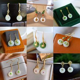 Dangle Earrings Designer Original Series Classic Natural Hetian Jade Simple Round Chinese Style Charm Ladies Silver Jewelry