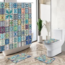 Shower Curtains Retro Colorful Bohemian Pattern Decorative Curtain India Moroccan Geometric Print Pedestal Rug Toilet Cover Bathroom Set