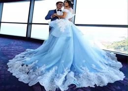 Ocean Blue Quinceanera Dresses White Lace Appliqued Off Shoulder With Chapel Train ALine Sweet 16 Dresses Plus Size Evening Gowns7004057