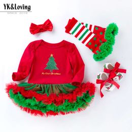 Girls' Baby Spring and Autumn Long Sleeved Red Green Wrapped Fart Dress Princess Harper Dress Set of Four