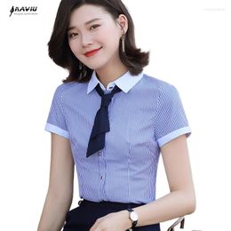 Women's Blouses NAVIU Summer Thin Blue White Stripe Slim Shirt Tops Polo Neck Short Sleeve Office Temprament Fashion Womrn Clothing