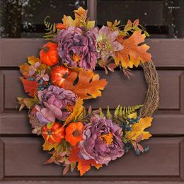 Decorative Flowers Fall Wreaths For Front Door Peony Pumpkin Wreath Simulated Flower Multifunctional Round Wall Hanging Outdoor Decor