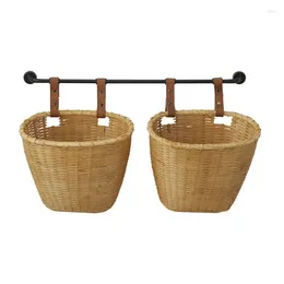 Plates X 14" Brown Bamboo Hanging Kitchen Wall Basket With Black Rod And Faux Leather Straps 1-Piece