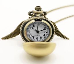 Wholesale- Lady Golden Wing Pendant Golden Potter Little Snitch Antique Pocket Watch Necklace Girl Women Gift Quartz Watches Chain8915470