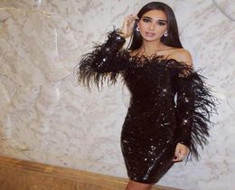 2020 Black Sheath Cocktail Party Dresses Long Sleeves Off Shoulder Feathers Lace Sequined Short Prom Evening Gowns Sexy Club Wear9466083