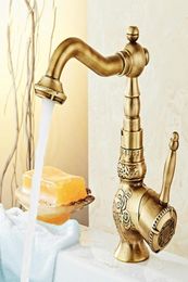 Bathroom Sink Faucets Antique Brass Faucet Washbasin Retro Classic Kitchen Mixer Taps Carving Swivel Singe Handle Tap Water3466479