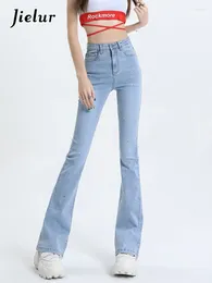 Women's Jeans Light Blue Slim High Waist Spell Colour Dot Fashion Chic Female Streetwear Simple Flare Pants Button Zipper