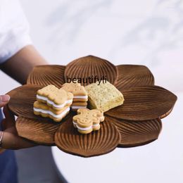 Decorative Figurines Yj Wooden Tray Japanese Creative Walnut Solid Wood Plate Irregular Whole Lotus Porcelain El Display