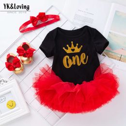 Summer New Baby Crown Letter Dress Girls 'Black Black Rod Rosso Gonna set a 4 pezzi