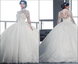 High Neck Lace Ball Gown Wedding Dresses Vintage Royal Long Sleeves Tulle Applique Sweep Train Bridal Gowns With Buttons BA39557910226