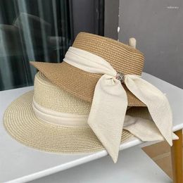 Wide Brim Hats Sun Fedora Women Men Caps Flat Top Straw Hat Summer Beach Casual White Ribbon Bowknot Panama For Ladies