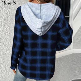 Women's Jackets Women Checked Shirts Single-breasted Button Outdoor Drawstring Top V-Neck Female Daily Wear