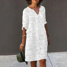 Female Beach Dress V Neck Half Sleeves Flower Embroidery Pullover Elegant Casual Wear White Color Women Summer Loose Midi 240415