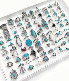 Band Rings 50 100Pcss Lot Vintage Boho Blue Stone Turquoise for Women Whole Mix Styles Ethnic Finger Ring Set Jewellery Party Gifts 1419085