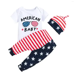 Clothing Sets Baby Boys 3PCS Romper Suit Short Sleeve Letter Glasses Striped Star Long Pants Beanie Hat Independence Day Outfits